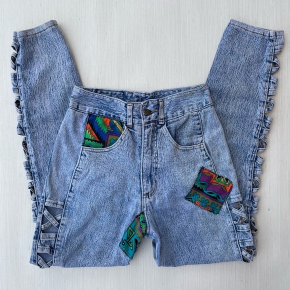 Watch LA | Vintage 80s 90s Curvy Acid-Washed Patchwork Cut-Out Skinny Jeans - Picture 5 of 17